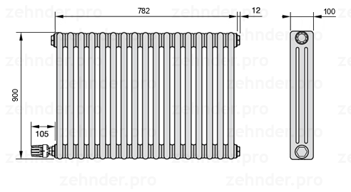 Схема (чертеж) Радиатор Zehnder Charleston 3090/17 №V004 Белый глянцевый RAL 9016